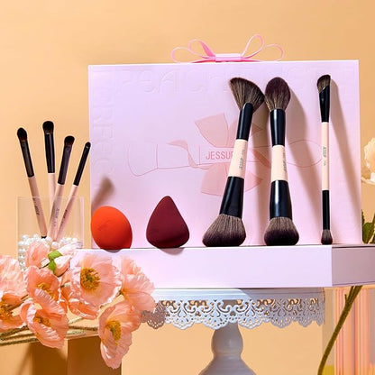 Jessup Makeup Brushes Set with Makeup Sponge, 7pcs Double Sided Makeup Brushes for Foundation Concealer Blush Eyeshadow Contour Bronzer Powder Blending Eyebrow Eyeliner with Gift Box, T506