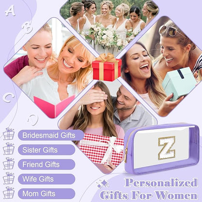 Personalized Initial Letter Clear Makeup Bag,Preppy Small Nylon&PVC Cosmetic Zipper Bag with Chenille Letter,Travel Skincare Toiletry Bag,Monogram Christmas Gift for Teen Girls Women,Z