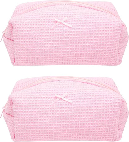 PAZIMIIK 2PCS Cozy Makeup Bag Travel Cosmetic Bag for Women Soft Toiletry Bag Aesthetic Makeup Organizer Portable Large Zipper Pouch for Skincare Beauty Accessories Brushes Walffle Check Pink