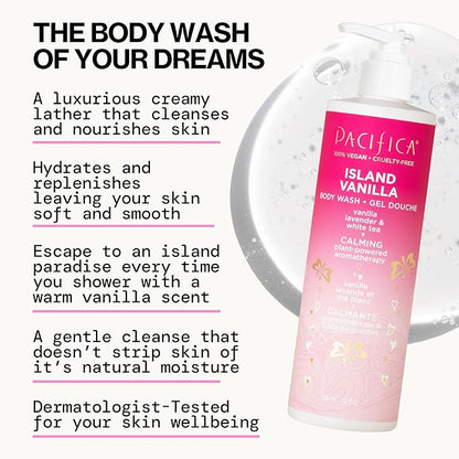 Pacifica Island Vanilla Body Wash Aloe + Hyaluronic Acid, Daily Cleansing, Bath & Shower Gel, Essential Oils, Clean, Vegan + Cruelty & Paraben Free, Clean Beauty Vegan Dermatologist Tested, 12 Fl Oz