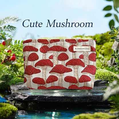STARDW Cute Makeup Bag Aesthetic Cosmetic Bags for Women Girls, Travel Toiletry Bag Large Capacity Zipper Makeup Pouch, Purse Organizer Pouches,Canvas Lining (Red Mushroom)