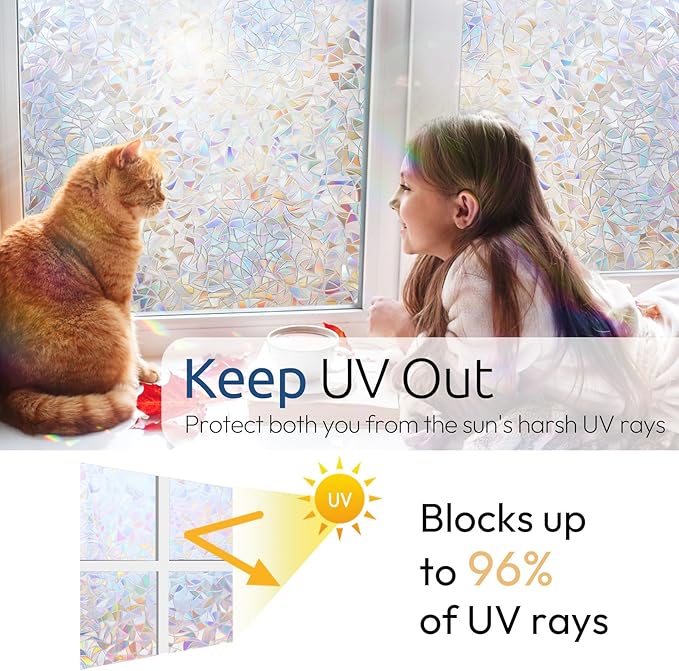 rabbitgoo Window Privacy Film Rainbow Film Decorative Window Sticker, 3D Static Stained Glass Cling Tint for Home Heat Control Non-Adhesive, 29.5 x 78.7 inches