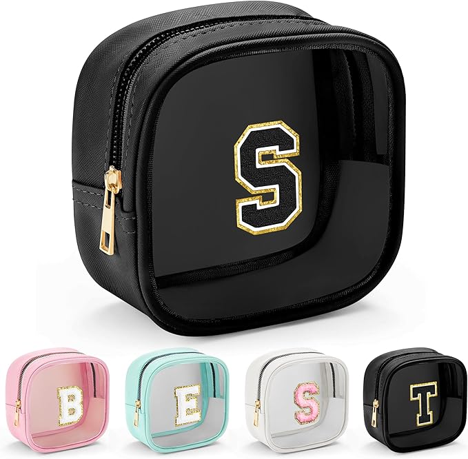 YOOLIFE Birthday Gifts Mini Initial Makeup Bag Travel Toiletry Bag, Clear Makeup Bag Car Accessories For Women Clear Makeup Bags With Zipper Girlfriend Teacher Girl Gifts Mini Graduation Gifts Black S