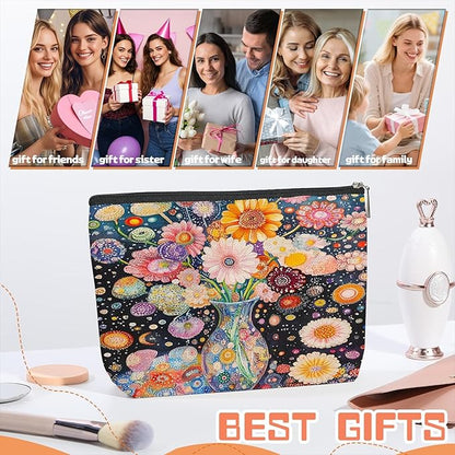 Makeup Bag Travel Cosmetic Bags Small Makeup Case Waterproof Zipper Pouch for Women Girls 7X9inches - Colorful Flowers in A Blue Vase with Dots