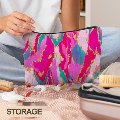 Hot Pink Teal Gold Marble Makeup Bag, Women's Cosmetic Case, Waterproof Linen Bag, Effortless Organization