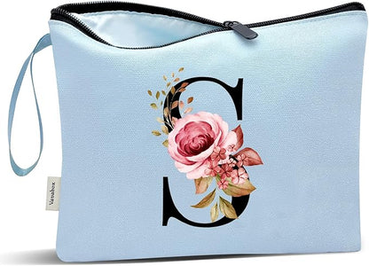 Vavabox A-Z Personalized Makeup Bag, Birthday Gifts for Women Mom, Gifts for Best Friend, Bride Bridesmaid Cosmetic bag (S, Blue)