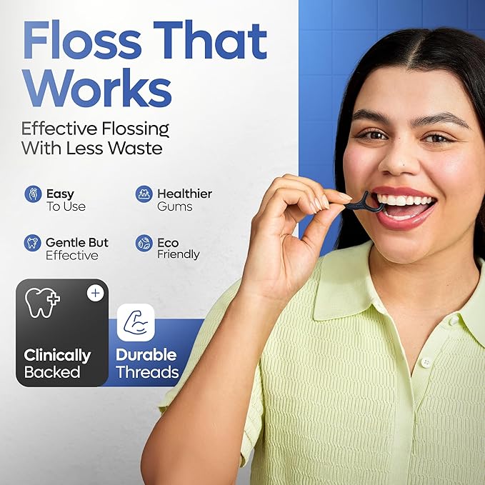 SmartLifeco Eco-Friendly Dual-Thread Dental Floss Picks (200ct) - Flossers Made with Straw Wheat Blend, Natural Teeth Whitening, Tooth Pick Stick for Adults, Activated Bamboo Charcoal Floss Thread