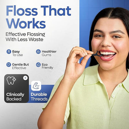 SmartLifeco Eco-Friendly Dual-Thread Dental Floss Picks (200ct) - Flossers Made with Straw Wheat Blend, Natural Teeth Whitening, Tooth Pick Stick for Adults, Activated Bamboo Charcoal Floss Thread