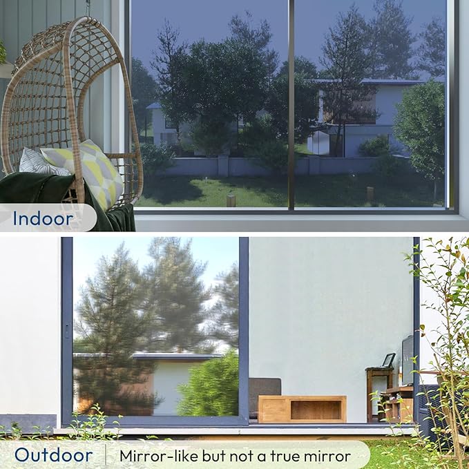 rabbitgoo Window Privacy Film One Way Window Tint for Home, Removable Reflective Heat Sun Blocking Anti UV Glass Door Covering, Mirror Tinting Film House Office, 35.4 in X 13.1 Feet, Blue Silver