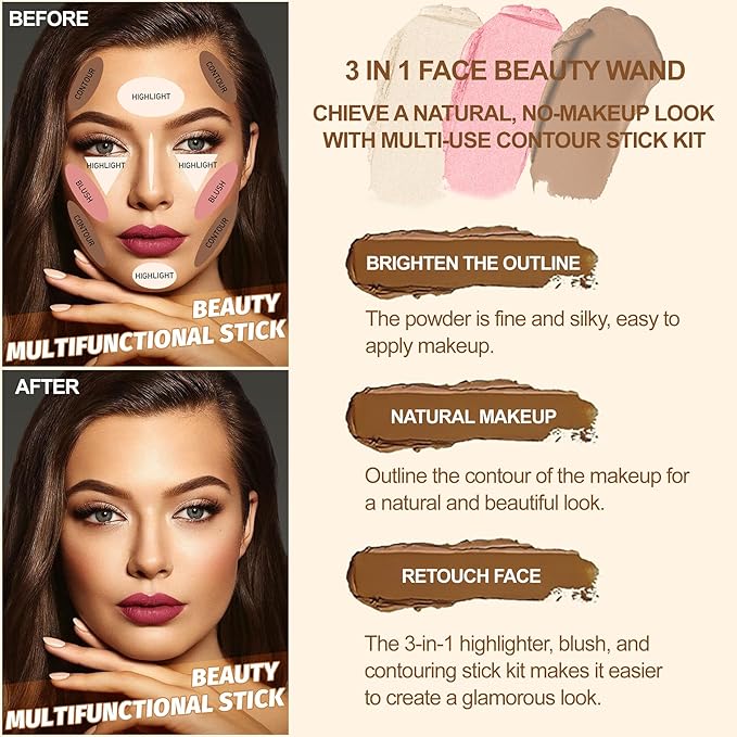 Lezero 3Pcs Contour Stick Makeup Kit, Shades with Matte Finish Highlighter, Blush and Bronzer Stick for Sculpt the Face and All Skin Type, Long Lasting, Smooth, Non-greasy, #1 NEUTRAL