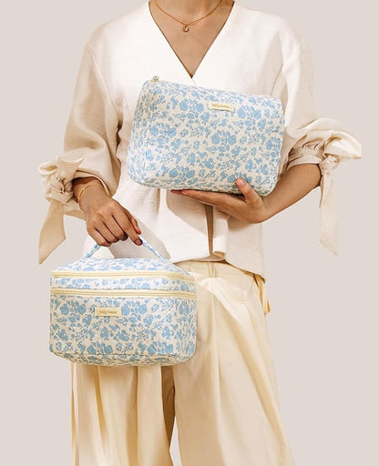 HBselect 2Pcs Travel Makeup Bag, Large Cotton Quilted Makeup Bag Cosmetic Bag Cute Make up Bag Toiletry Bags for Women Girls