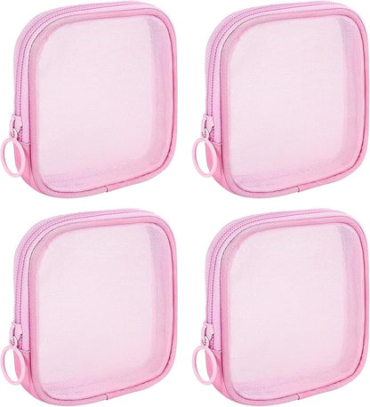 4 Pieces Mini Zipper Nylon Mesh Pouch, Mesh Cosmetic Bags Makeup Bags, Multipurpose Travel Toiletry Bags for Office Supplies and Travel Accessories (Pink, S)