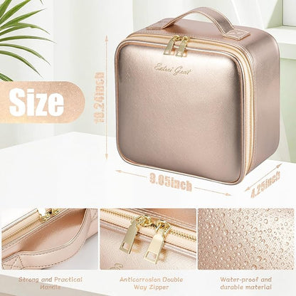 Makeup Travel Train Case with Mirror LED Light 3 Adjustable Brightness Large Cosmetic Bag Portable Storage Adjustable Partition Waterproof Make up Brushes Makeup Jewelry Gift for Women