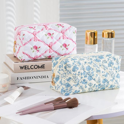 Makeup Bag Travel Toiletry Bag for Women, Small Cosmetic Bags Cute Quilted Cotton Makeup Pouch for Purse Emergency Bag for School Floral Pencil Case Accessory Bag, Blue