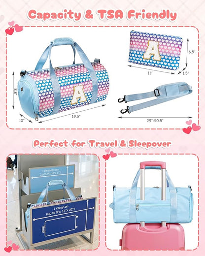 Gifts for 3 Year Old Girl, Girls Travel Duffel Bag, Kids Initial Overnight Bags with Shoe Compartment, Initial Duffle Bag with Makeup Pouch, Stocking Stuffers for Teens (Letter G)