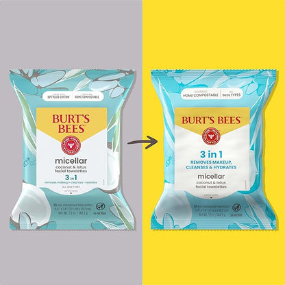 Burt's Bees Stocking Stuffers, Coconut & Lotus Face Wipes, for All Skin Types, Micellar Makeup Remover & Facial Cleansing Towelettes, Skin Care Christmas Gifts, 30 Ct. (3-Pack)