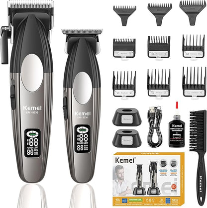 KEMEI 8536 Professional Hair Clippers for Men, Cordless Barber Clipper and Trimmers Set with LED Displays, 9000 RPM Hair Cutting Kits with Charging Bases, Mens Grooming Kit