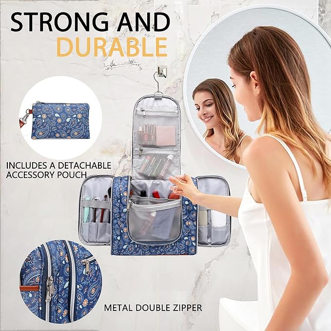 Hanging Toiletry Bag for Women, Travel Makeup with Metal Swivel Hook, Organizer for Full Sized Cosmetics and Toiletries,Water-Resistant Nylon,Paisley Floral