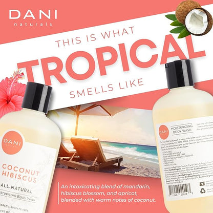 DANI Naturals Moisturizing Body Wash - Tropical Coconut Hibiscus Scent with Organic Aloe Vera & Natural Glycerin - Paraben & Sulfate-Free Shower Gel - 12 oz - Vegan & Cruelty-Free