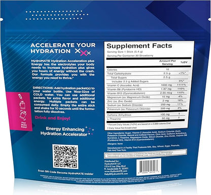 HydroMATE Electrolytes Powder Drink Mix Packets Hydration Accelerator Low Sugar Rapid Party Relief Recovery Vitamin C Plus Caffeine Strawberry 16 Count