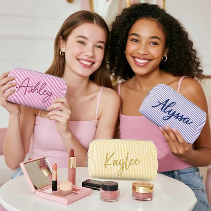 Yofair Personalized Makeup Bag with Name, Large Capacity Travel Toiletry Case Teen Girl Gift Trendy Stufff Custom Seersucker Cosmetic Bags Wedding Birthday Gifts for Girls Women