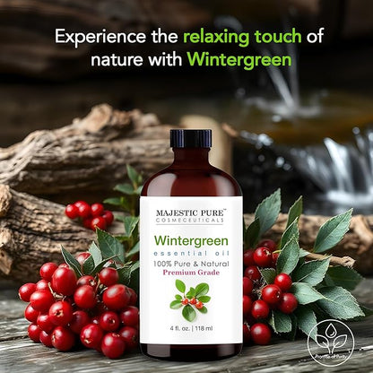 Majestic Pure Wintergreen Essential Oil with Glass Dropper - 4 Fl Oz - 100% Pure and Natural Wintergreen Oil - Premium Grade Essential Oils for Diffuser, Aromatherapy, Soap and Candle Making