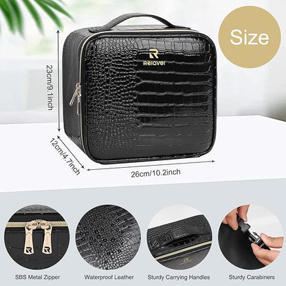 Relavel Makeup Train Case With LED Mirror, Professional Travel Cosmetic Bag with Removable Partitions,Compact Makeup Organizer, Waterproof Toiletry Case for Women, Black