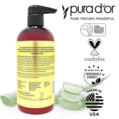 PURA D'OR Original Gold Label Anti-Thinning Shampoo Clinically Tested, Infused with Argan Oil, Biotin & Natural Ingredients, Sulfate Free, All Hair Types, Men and Women, 16 Fl Oz (Packaging may vary)