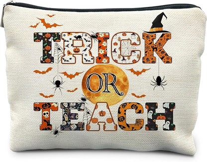 Halloween Makeup Bag for Teacher, Halloween Teacher Gifts for Women, Halloween Spider Bat Cosmetic Bags for Women, Funny Trick or Teach Makeup Pouch, Halloween Funny Makeup Bag
