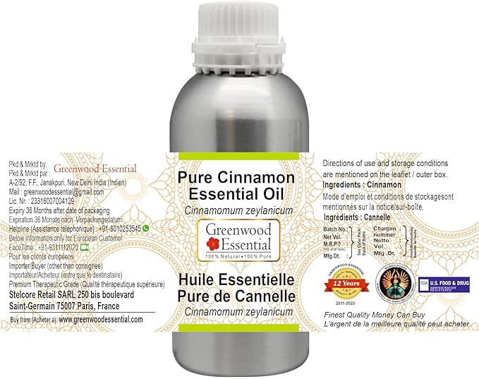 Greenwood Essential Pure Cinnamon Essential Oil (Cinnamomum zeylanicum) Steam Distilled 300ml (10.1 oz)