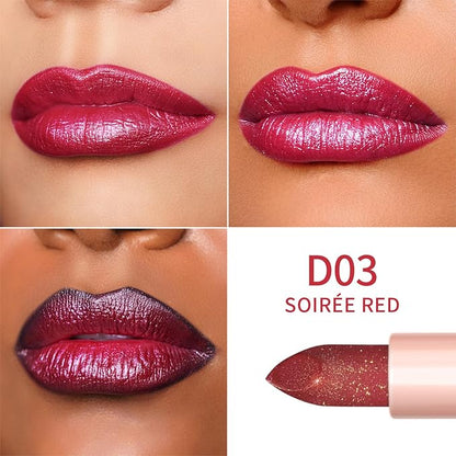 Oulac Shimmer Lipstick for Women, Infinity High Shine Finish, Hydrating Lip Color Infused with Damask Rose Oil for All-Day Comfort, Gluten-Free Vegan Beauty, D03 Soirée Red