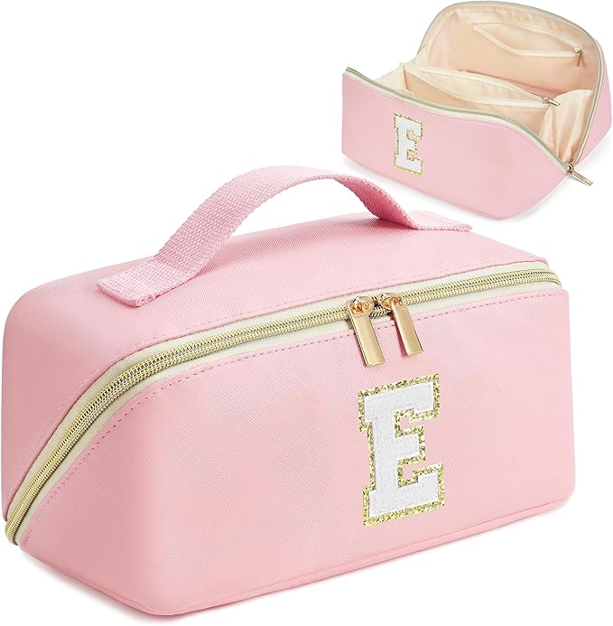 for Christmas Day Gifts, Makeup Bag for Women, PU Leather Travel Toiletry Bags, Initial Make Up Cosmetic Pouch for Teen Girls, Wide Open Portable Skincare Bag, Personalized Birthday Gifts, Pink E