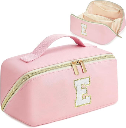 for Christmas Day Gifts, Makeup Bag for Women, PU Leather Travel Toiletry Bags, Initial Make Up Cosmetic Pouch for Teen Girls, Wide Open Portable Skincare Bag, Personalized Birthday Gifts, Pink E