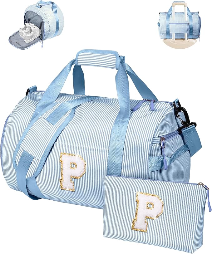 Tween Girl Trendy Stuff, Girls Travel Duffle Bag, Kids Initial Overnight Bags with Shoe Compartment, Customized Weekender Bag with Makeup Pouch, Stocking Stuffers for Teenager (Letter P)