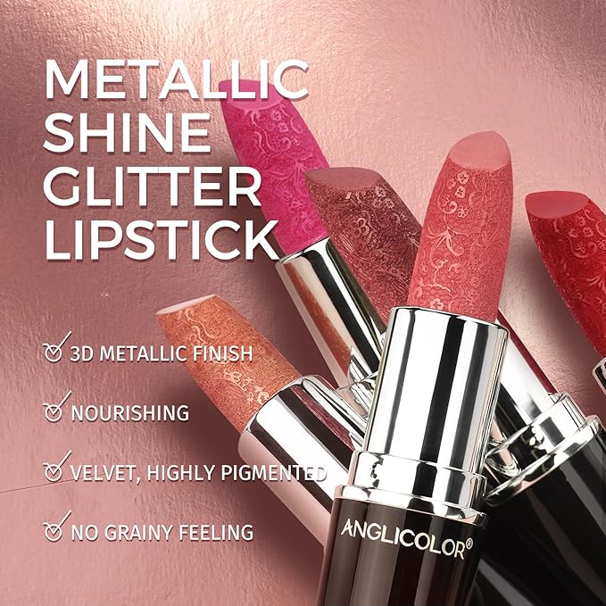 Anglicolor 2pcs Metallic Glitter Pink and Nude Lipstick High Impact Lipcolor,Moisturizing Creamy Formula,Lipstick For Women,Smooth and Non-Sticky,Full-Coverage Lip Color