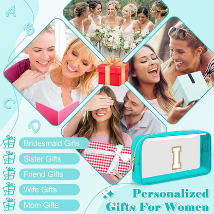 Personalized Initial Letter Clear Makeup Bag,Preppy Small Nylon&PVC Cosmetic Zipper Bag with Chenille Letter,Portable Beach Travel Skincare Toiletry Bag,Trendy Monogram Gift for Teen Girls Women,I