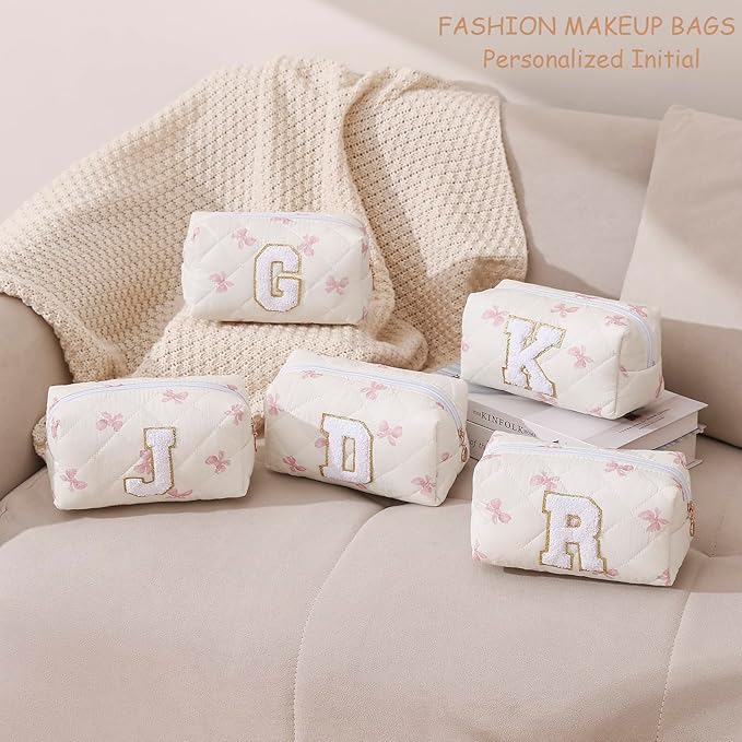 Gleyemor Personalized Initial Makeup Bag for Women, Cute Quilted Pink Floral Cotton Cosmetic Bag, Christmas Gifts for Her Mom Friend Sister Bridesmaid Teacher Women L
