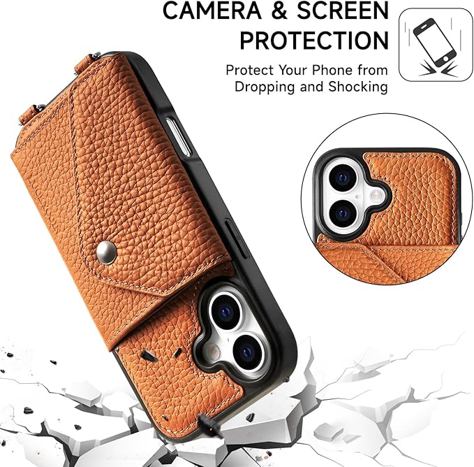 LUCKYCOIN Crossbody Wallet Phone Case for iPhone 17,100% Genuine Leather Wallet Phone Case with Expandable Flip Card Holder,Phone Purse for Women with Adjustable Removable Strap - Pebble Brown