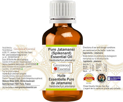 Greenwood Essential Jatamansi (Spikenard) Essential Oil (Nardostachys jatamansi) Pure | Non-Sticky | Non-Greasy | Lightweight | Men & Women | All Skin Types | Steam Distilled 15ml (0.50 oz)