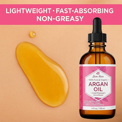 Leven Rose Organic Argan Oil for Hair, Face and Skin - 4 oz 100% Pure Moroccan Cold-Pressed Organic