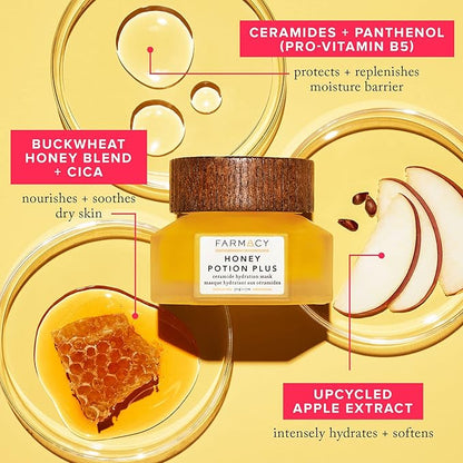 Farmacy Hydrating Face Mask - Honey Potion Plus Nourishing Skincare Facial Mask with Niacinamide, Ceramides + Pro-Vitamin B5 to Protect + Replenish Moisture Barrier (9ml)