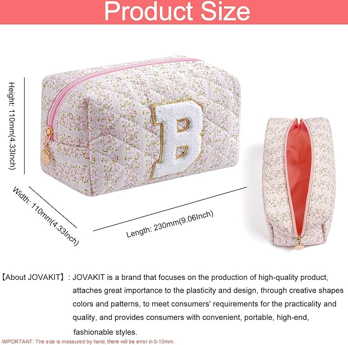 JOVAKIT Alphabet Makeup Bag Cosmetic Bag for Women, Christmas Gifts for Girls Age 6-18, Floral Flowers Coquette Travel Toiletry Zipper Make Up Pouch Organizer Trendy Stuff (Pink Floral B)