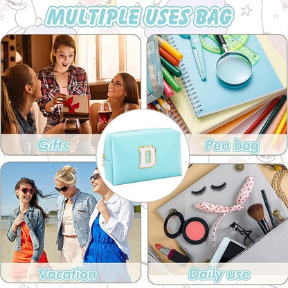 Gifts for Girls Initial Makeup Bag Personalized Cosmetic Bag with Zipper Cute Travel Toiletry Bag Waterproof PU Preppy Makeup Pouch Birthday Gift for Teen Girls Women(Blue D)