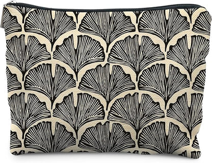 Abstract Black and Beige Makeup Bag, Art Deco Feather Palm Botanical Cosmetic Bags for Women, Mid Century Modern Art Zipper Makeup Pouch