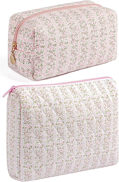 Makeup Bag Travel Cosmetic Bag for Women Girls, Zipper Make Up Pouch, Floral Flowers Toiletry Organizer Makeup, Portable Storage Cosmetic Travel Cloth Bag (2 Pack (L+S)/Pink Floral)