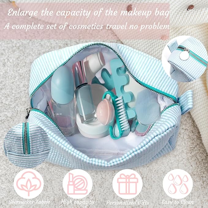Custom Makeup Bag Personalized Cosmetic Bag Cute Seersucker Travel Toiletry Bag for Women Embroidered Bag Organizer for Bride Makeup Bag Gift Turquoise