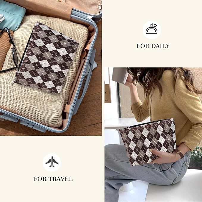 STARDW Parallel Checkered Makeup Bag Cute Cosmetic Bags for Women Girls, Travel Toiletry Bag Large Capacity Zipper Makeup Pouch, Purse Organizer Pouches
