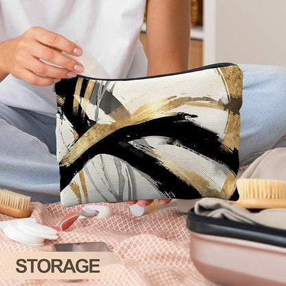 Abstract Black and Gold Makeup Bag, Boho Black White and Gold Cosmetic Bags for Women, Boho Gifts for Women, Mid Century Modern Zipper Makeup Pouch