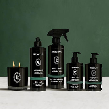 Preston Lane Signature Home Set – All Purpose Cleaner, Dish Soap, Hand Wash, Hand Cream & Scented Candle | Plant-Powered Cleaning & Care Essentials with Fine Italian Fragrance, Doheny Drive