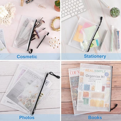 EOOUT 30pcs Mesh Zipper Pouch Bags, Waterproof, Plastic Zip File Document Folders, 8 Sizes Zipper Pouch for School Office Supplies Cosmetics and Board Game Storage